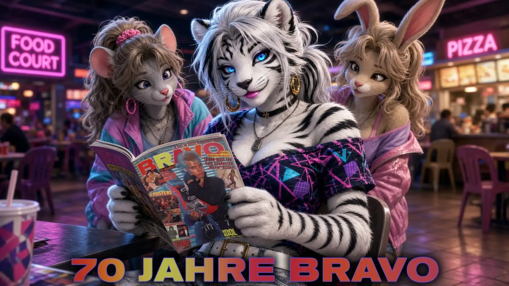 Alternative Text: Three fashionable anthropomorphic female animal characters pose in a neon-lit food court while a white tiger reads a BRAVO magazine. Large colorful text at the bottom reads “70 JAHRE BRAVO.” Keywords: 70 Jahre Bravo, BRAVO magazine, white tiger, mouse, rabbit, anthropomorphic characters, food court, neon lights, 1980s fashion, colorful clothing, magazine reading, retro style, friendship, nostalgia, digital art