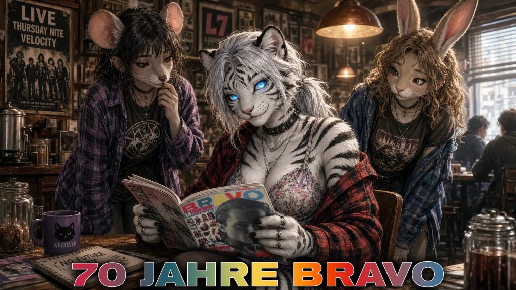 Alternative Text: A white tiger character with bright blue eyes reads a BRAVO magazine at a table while a mouse and rabbit character look on inside a dark, grunge-style café. Large multicolored text reads “70 JAHRE BRAVO.” Keywords: 70 Jahre Bravo, BRAVO magazine, white tiger, mouse, rabbit, anthropomorphic characters, grunge, café, alternative fashion, plaid shirts, magazine reading, blue eyes, retro interior, friendship, nostalgia, digital art