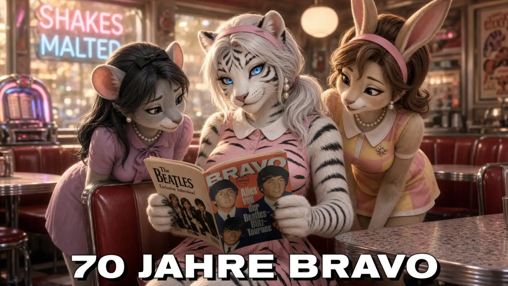 Alternative Text: Three anthropomorphic female animal characters gather around a white tiger reading a BRAVO magazine featuring The Beatles in a warmly lit retro diner. Large text at the bottom reads “70 JAHRE BRAVO.” Keywords: 70 Jahre Bravo, BRAVO magazine, The Beatles, white tiger, mouse, rabbit, anthropomorphic characters, retro diner, 1960s, vintage, magazine reading, friendship, pink clothing, jukebox, nostalgia, digital art