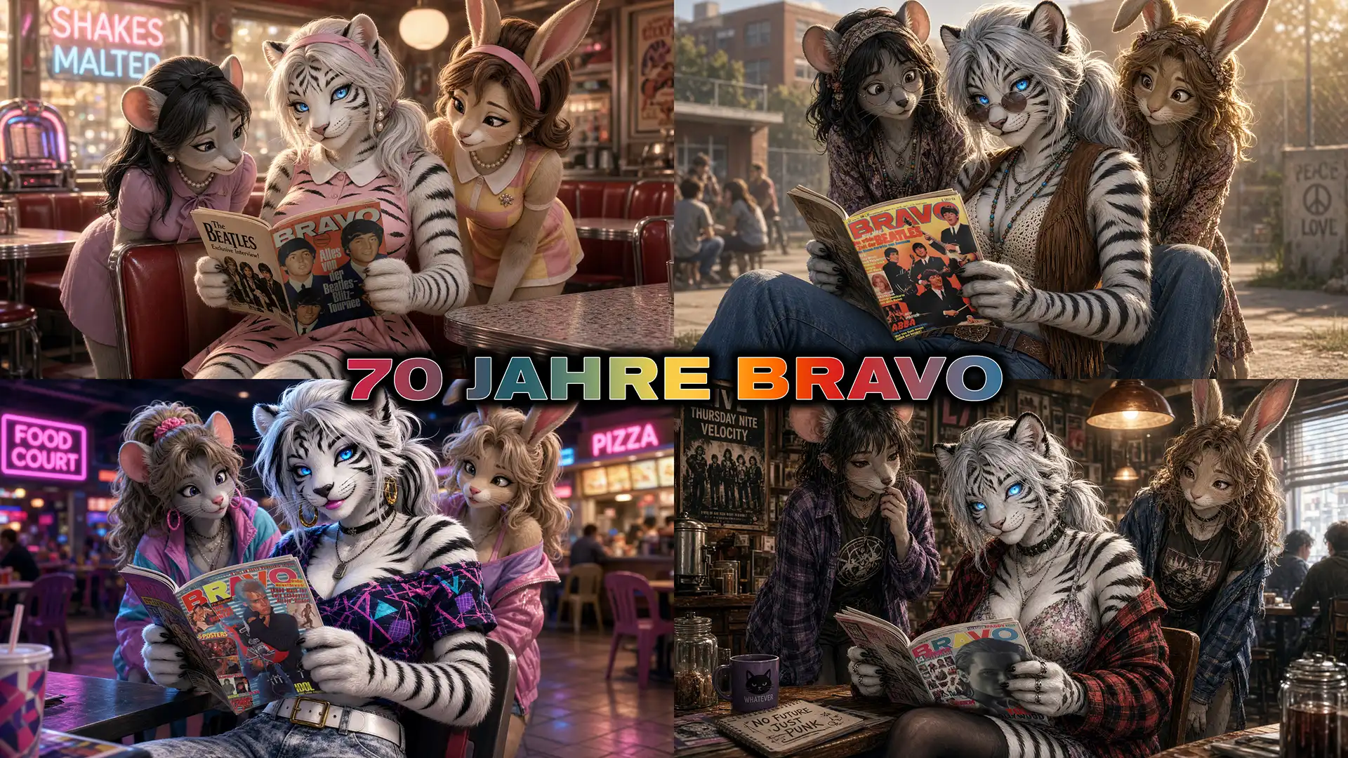 Alternative Text: Four-panel digital collage showing three anthropomorphic female animal characters in different retro settings, centered on a white tiger reading BRAVO magazines. Large text across the collage reads “70 JAHRE BRAVO.” Keywords: 70 Jahre Bravo, BRAVO magazine, anniversary, anthropomorphic animals, white tiger, mouse, rabbit, retro, collage, vintage fashion, diner, food court, café, outdoor scene, magazine, nostalgia, digital art