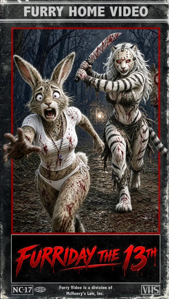 Eine fiktive VHS-Covergestaltung für 'Furriday the 13th', das einen blutigen Kampf zwischen einem haarigen Hasen und einer gestreiften Tigerdame in einem düsteren Wald zeigt.