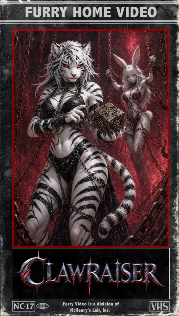 Ein Cover für ein VHS-Band mit dem Titel 'Clawraiser', das eine anthropomorphe Tiger-Figur und einen Hasen zeigt, umgeben von Ketten und dunkler Umgebung.