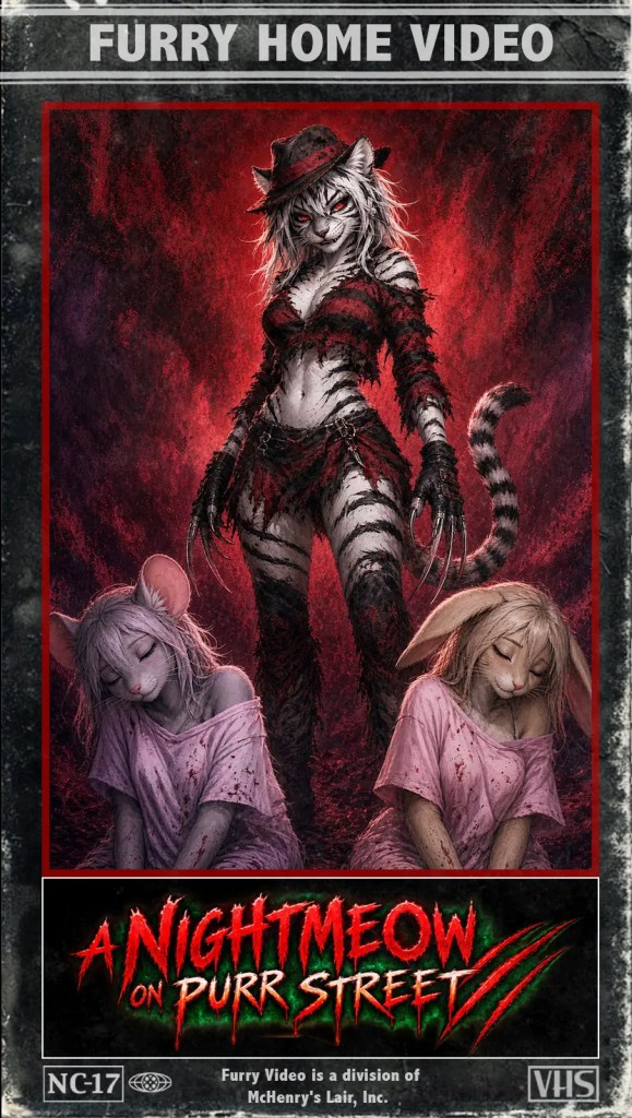 Ein Cover für ein fiktives Horrorvideo mit anthropomorphen Tierfiguren, das eine bedrohliche Katze in einem roten Hintergrund zeigt, flankiert von zwei verängstigten Mäusen.
