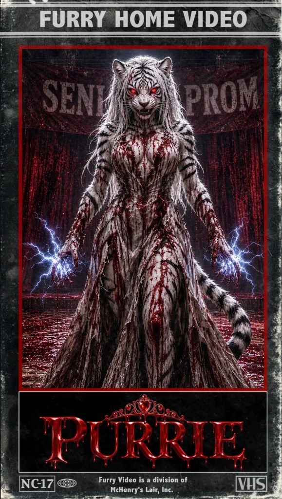 Ein blutiger, anthropomorpher weißer Tiger mit rotem Augen und elektrischen Kräften steht auf einem VHS-Cover mit dem Titel 'Purrie'.