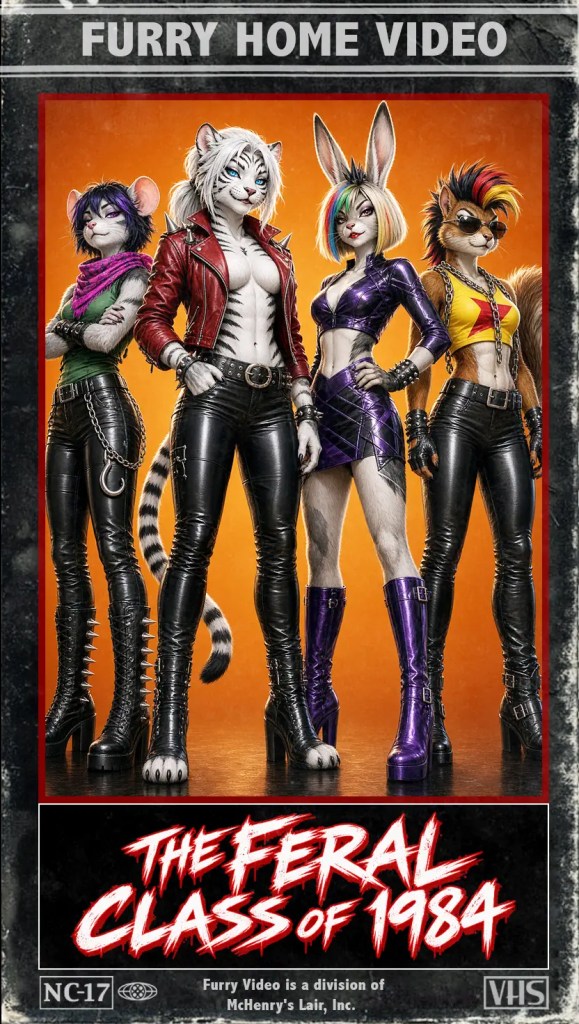 Eine Gruppe anthropomorpher Tiere in modebewusster Kleidung, die in einem retro VHS-Coverformat abgebildet sind. Der Titel 'The Feral Class of 1984' ist prominent platziert. Die Charaktere sind vielfältig in ihrem Erscheinungsbild und Stil.
