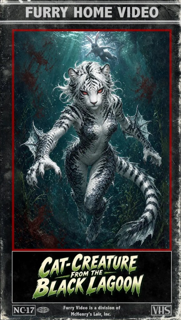 Ein künstlerisches Cover für ein VHS-Video mit dem Titel 'Cat-Creature from the Black Lagoon'. Es zeigt eine humanoide Kreatur mit einem weißen Tigerfell und schuppigen, fischähnlichen Merkmalen, die in einem Gewässer schwimmt. Im Hintergrund sieht man einen Hasen an der Oberfläche.
