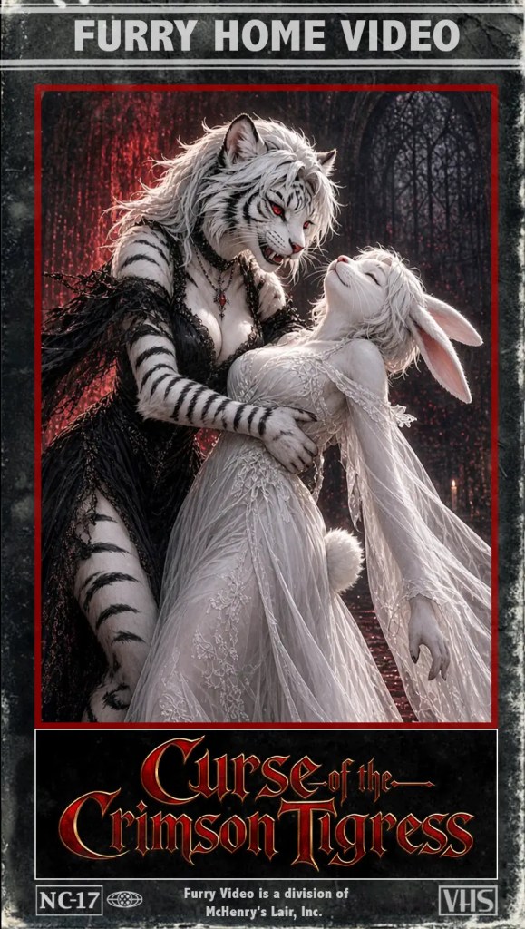 Cover des Films 'Curse of the Crimson Tigress' mit einer tigergleichen Kreatur und einer kaninchenartigen Figur, die in einem dramatischen, romantischen Moment dargestellt werden.