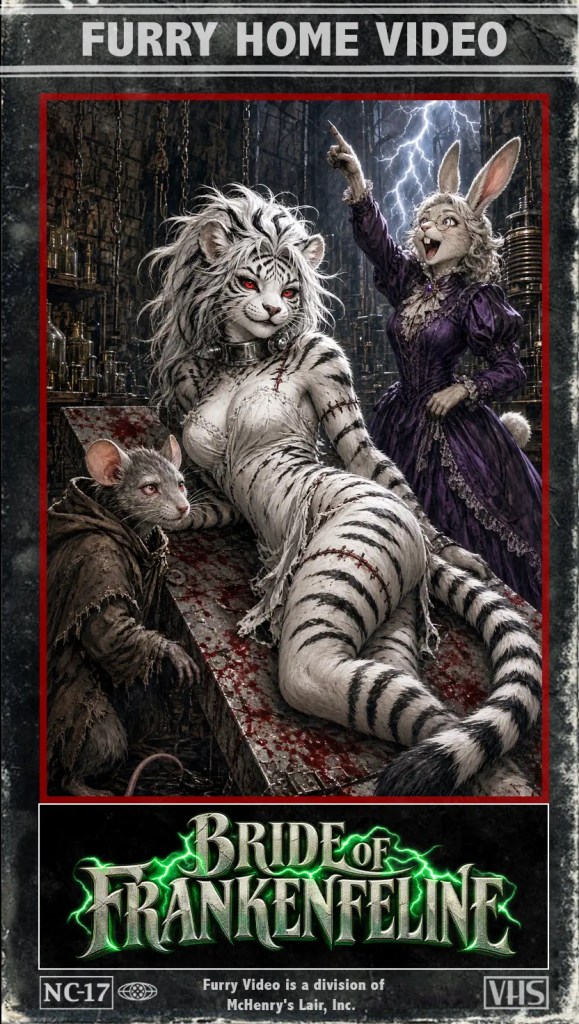 Ein künstlerisches Furry-VHS-Cover mit einer weiß gestreiften Katze in Labor-Optik, die auf einem Tisch liegt. Neben ihr steht eine Kaninchen-Dame in einem lilafarbenen Kleid und zeigt mit dem Finger. Eine Maus steht im Hintergrund, umgeben von gothic-artiger Laborumgebung.
