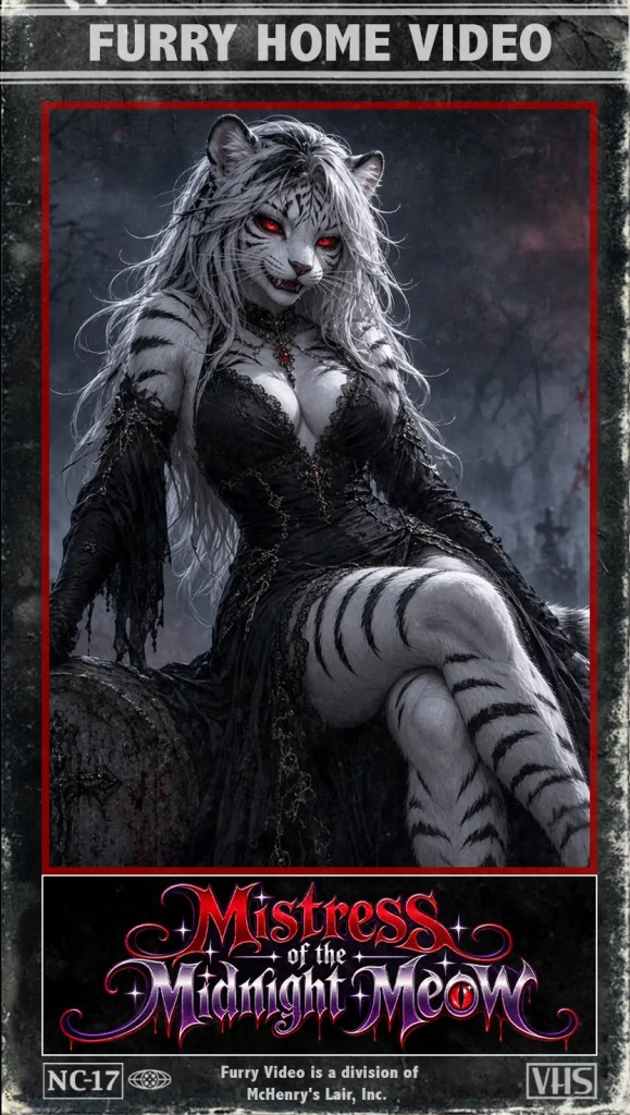 Ein mysteriöses Wesen mit einem tigerähnlichen Gesicht und langen, weißen Haaren trägt ein schwarzes Kleid. Es sitzt in einer düsteren Umgebung und hat leuchtend rote Augen.