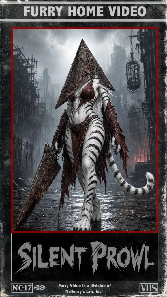 Ein fiktives VHS-Cover für "Silent Prowl", das eine humanoide, gestreifte Figur mit einer pyramidenförmigen Maske zeigt, die eine große Waffe hält und in einer düsteren, urbanen Umgebung steht.