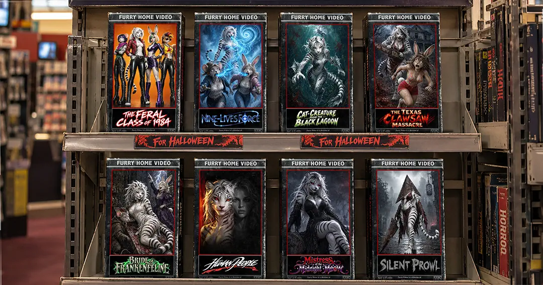 Alternative Text: Vintage video rental store display featuring eight fictional furry-themed horror and science fiction VHS tapes arranged on two shelves beneath Halloween promotional signs. The colorful illustrated covers depict anthropomorphic white tigers, rabbits, and mice in parodies of classic horror movies, surrounded by nostalgic video store shelving. Keywords: furry home video, VHS collection, Halloween display, retro video store, VHS tapes, horror movie collection, anthropomorphic characters, furry horror, vintage rental store, 1980s nostalgia, 1990s nostalgia, Halloween decorations, fictional movie covers, horror parodies, white tiger character, video rental nostalgia, slasher movies, monster movies, science fiction horror, collectible VHS, Halloween shelf display