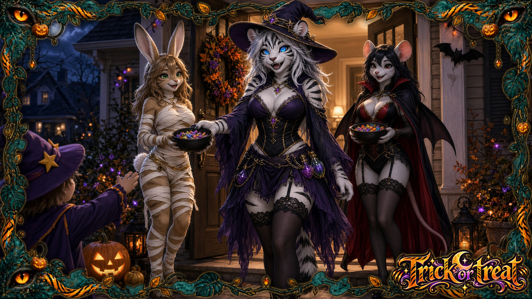 Alternative Text: A white tiger witch, rabbit mummy, and mouse vampire offer candy to a child in a purple witch costume on a pumpkin-lit porch. An ornate Halloween border surrounds the scene, with “Trick or Treat” lettering. Keywords: Halloween, trick or treat, anthropomorphic animals, white tiger, rabbit, mouse, witch, mummy, vampire, child, candy bowls, jack-o’-lantern, porch, fantasy illustration, decorative border