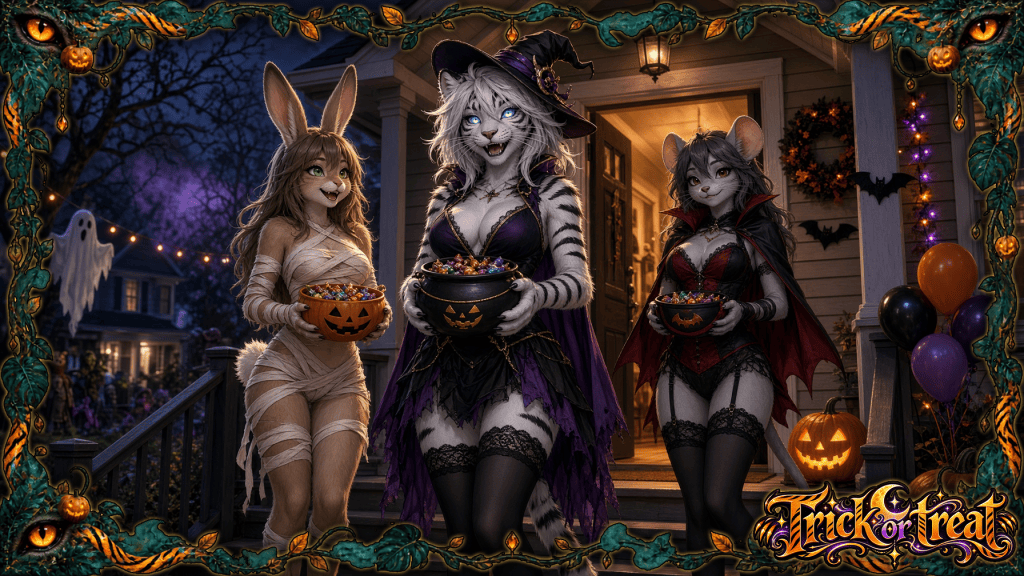 Drei Tier-Kostümierte Figuren stehen auf einer Veranda, bereit für Halloween. Sie halten Süßigkeitenschalen und lächeln, während die Umgebung mit Kürbissen und Kürbislaternen geschmückt ist.